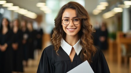A young woman in a black graduation gown and glasses is smiling.