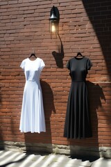 Two simple jersey dresses hanging on a brick wall