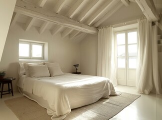 Simple and elegant attic bedroom with whitewashed wood beams