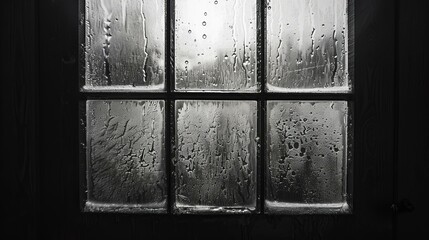 Black and white photo of a window with condensation on the glass