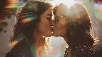 Two women kissing under a rainbow flare in bright sunlight.