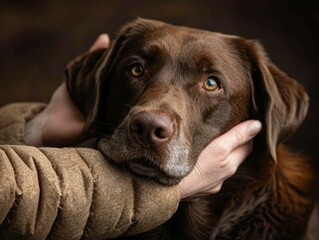 A chocolate Labrador Retriever being petted by a human
