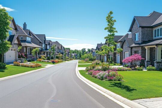 A beautiful tree lined suburban street with large houses and green lawns