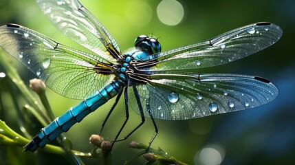 A dragonfly with water droplets on its wings