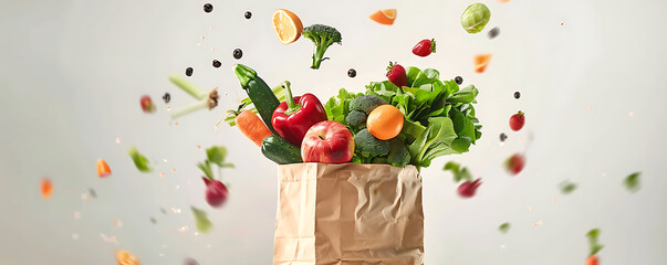 Fresh vegetables and fruits falling into the paper bag on white. © alexandre