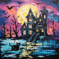 Black cat and haunted house with bats flying in the moonlight