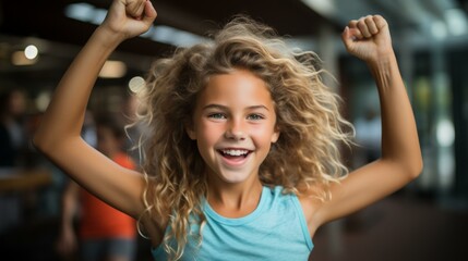Fototapeta premium Curly Blonde Girl Raising Her Arms In Joy