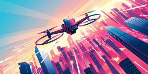 Illustration of a drone flying over a city