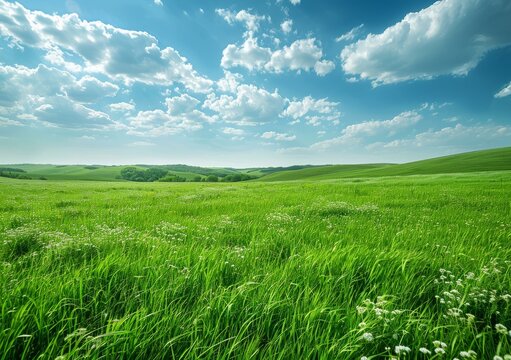 Green rolling hills under a blue sky with white clouds
