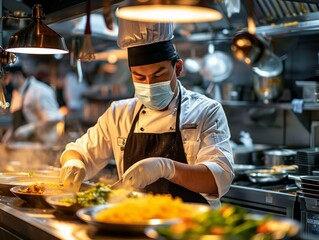 Chef wearing a mask and gloves while preparing food in a commercial kitchen