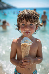Un niño comiendo un cono de helado en la playa
