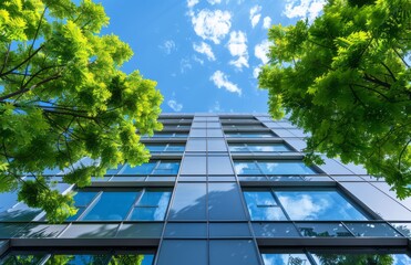 A modern office building with green trees in front of it