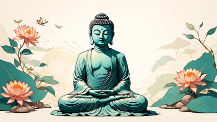 Buddha Statue Amidst Lush Green Field, tranquility and meditation in a serene natural setting
