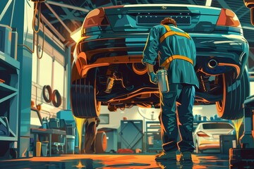 experienced auto mechanic performing oil change service on car working underneath vehicle in repair shop automotive maintenance concept digital illustration 1