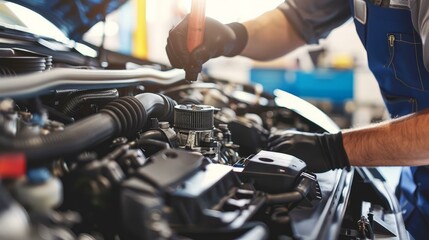 Car engine repair and maintenance by a mechanic in a garage