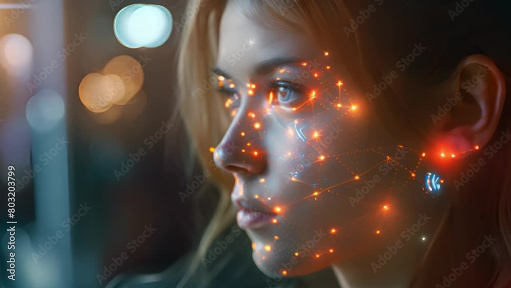 Poster A womans face illuminated by digital mapping points for facial recognition.