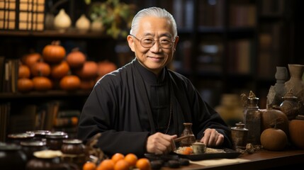Portrait of a venerable elderly Asian man in a black robe with white hair and glasses sitting at a table with traditional Chinese objects - obrazy, fototapety, plakaty