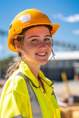 portrait of an awkward smiling teenage female Queensland tradesperson wearing hi-vis yellow and a hard-hat on her first day of an apprenticeship.