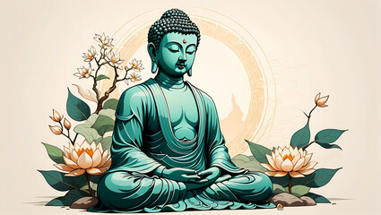 Buddha Statue Sitting Amid Flowers, embodying tranquility and mindfulness