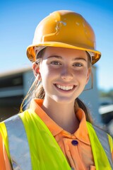 portrait of an awkward smiling teenage female Queensland tradesperson wearing hi-vis yellow and a hard-hat on her first day of an apprenticeship.
