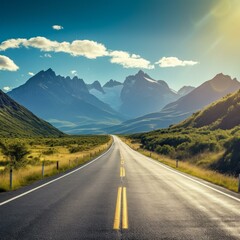 Naklejka premium Scenic view of an empty asphalt road through a valley towards snow-capped mountains under a blue sky with white clouds