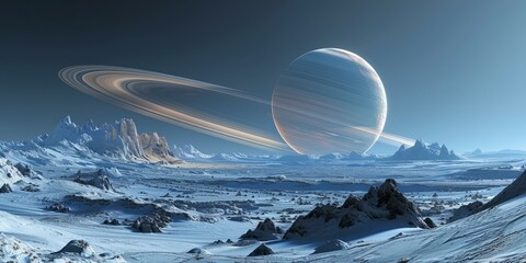 A beautiful landscape of a snowy alien planet with a large moon and mountain ranges