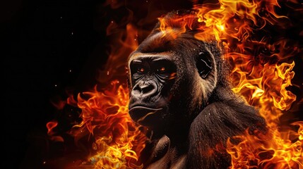 Cute wild animal gorilla, isolated black background. Power of blazing fire flame.