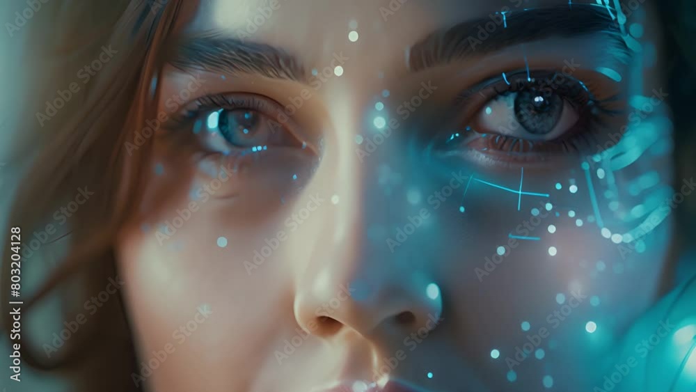 Poster womans eyes illuminated by a blue digital circuit pattern.