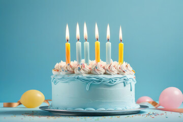 birthday cake with 6 six candles on pastel blue background