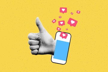 Social media like icons with halftone hand thumb up appearing from smartphone collage banner. Modern grunge cut out elements. Popularity, feedback, influence. Vector illustration