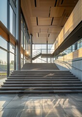 Modern architecture with large glass windows and wooden staircase