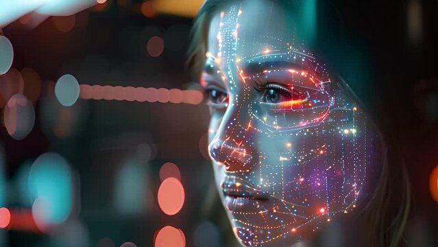 A woman engages with advanced digital facial recognition technology.