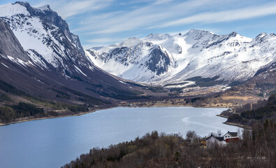 Panorama view of the Bjærangfjorden in April in Nordland county, Norway