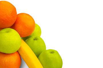 Fruit assortment. Apples, bananas and citrus fruits lying together. Isolation on a transparent background.