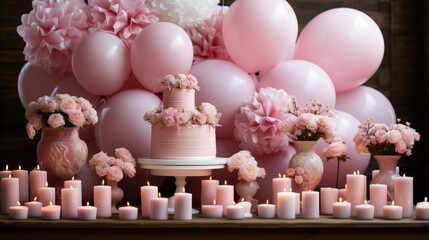 Pink birthday party decoration with a lot of flowers and candles