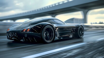 A sleek black sports car, speeding along an empty highway, its aerodynamic design and powerful presence captured in realistic HD detail