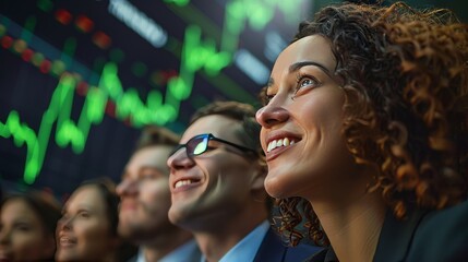 Obraz premium A group of shareholders smiling as they look up at a chart depicting a company's share price rising. 