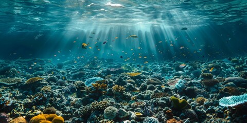 Underwater view of a coral reef with many colorful fish swimming around
