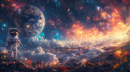 A colorful space scene with a man in a spacesuit standing on a rocky surface. The man is looking up at the sky, which is filled with stars and a large planet. Scene is one of wonder and exploration - Powered by Adobe