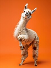 Fototapeta premium Surreal Photography of Dabbing Llama on Vibrant Tangerine Background