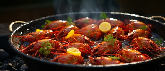 A delicious plate of crayfish with lemon and dill