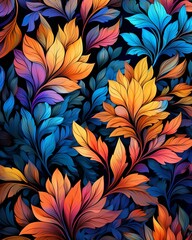 Autumn Painted Neon, deep glowing hues, rich textures, repeating seamless pattern for unique greeting cards ,  pattern