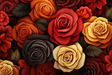 Autumn roses, deep oranges and reds, seamless repeating pattern, vector for elegant greeting cards ,  pattern