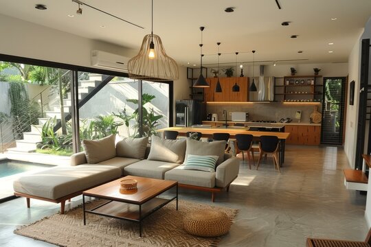 Modern tropical open concept living room with natural materials