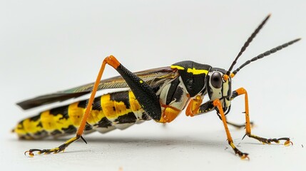 A black and yellow lubber grasshopper on a white background
