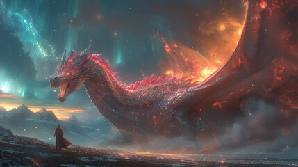 A dragon is flying over a snowy mountain range with a man standing in the foreground. The scene is filled with vibrant colors and a sense of adventure - Powered by Adobe
