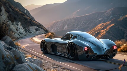 A sleek gray coupe, caught in motion on a winding mountain road, its streamlined silhouette and sharp lines showcased in high-definition perfection