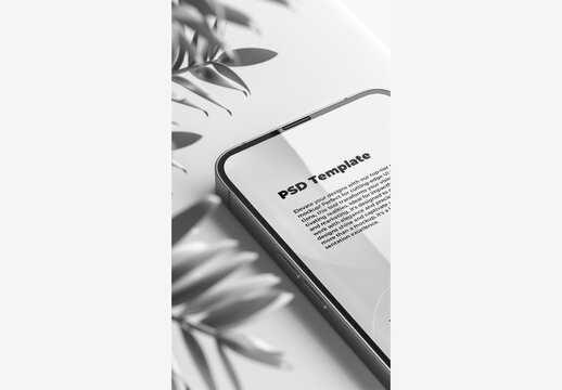 White Phone Mockup Screen Template with Plant on Table & White Wall - Black & White Background with Planter In foreground