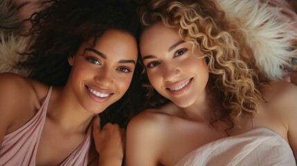 Two beautiful women with curly hair smiling at the camera