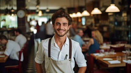 Portrait of a happy young male waiter in a busy restaurant